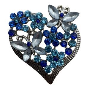 Vintage Heart Brooch with Blue Rhinestones & Butterfly Design‎